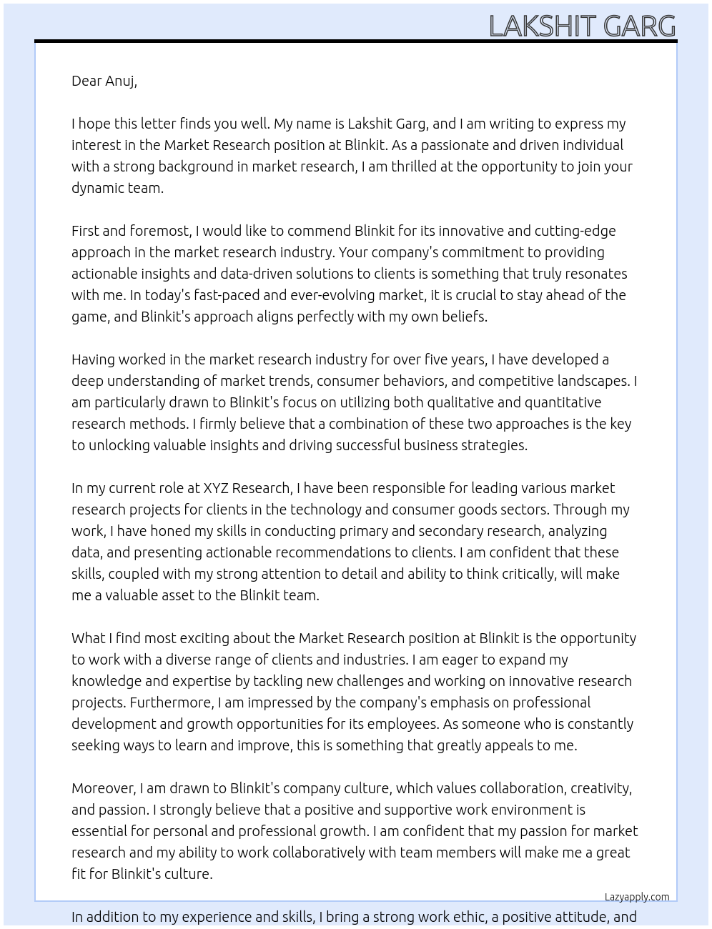 Cover letter for market research - LazyApply