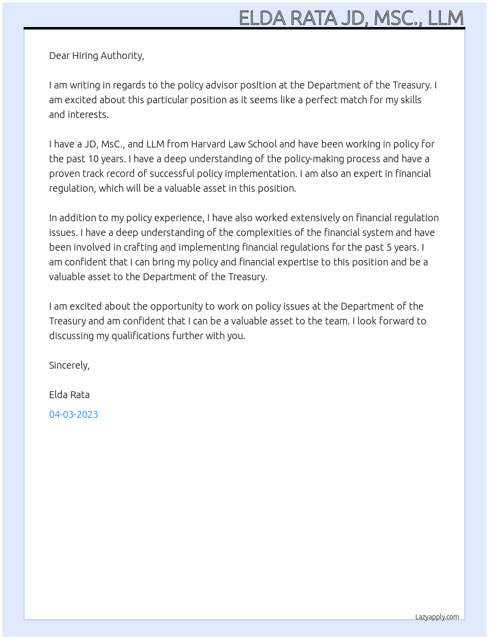 Policy advisor At Department of the Treasury Cover Letter