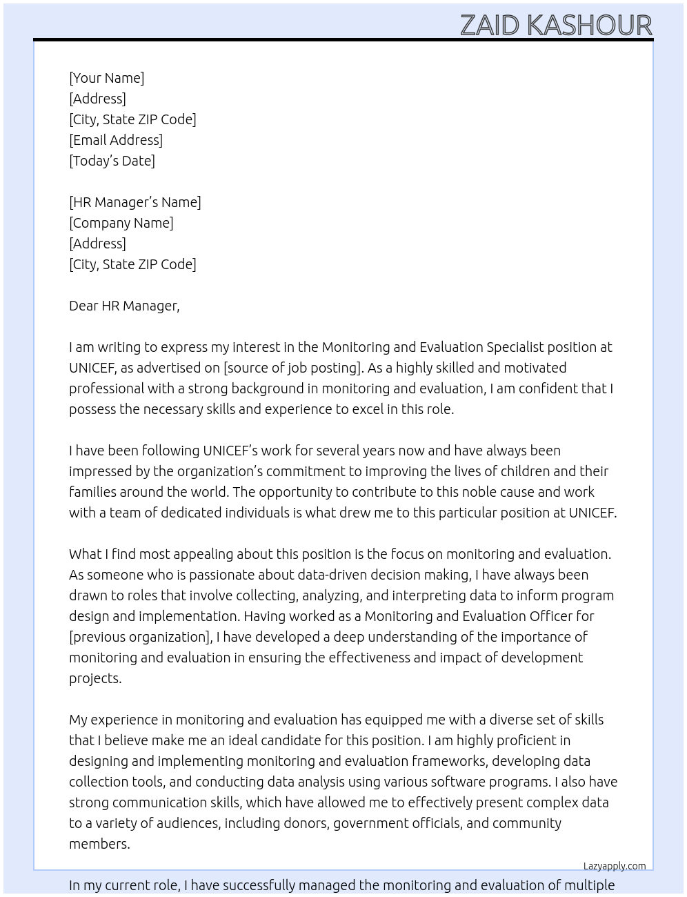 Monitoring and Evaluation Specialist At UNICEF Cover Letter