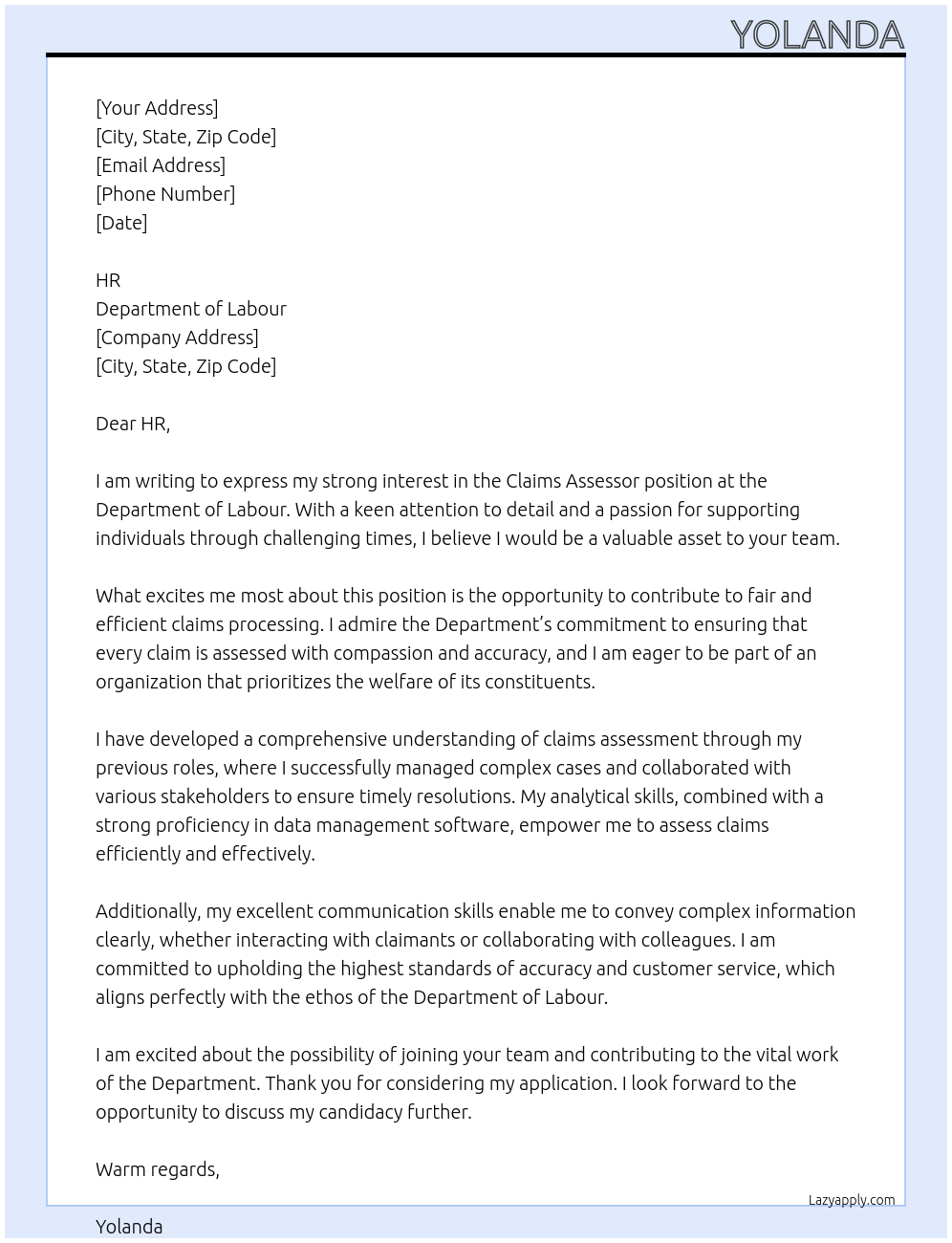 CLAIMS ASSESSOR At DEPARTMENT OF LABOUR Cover Letter