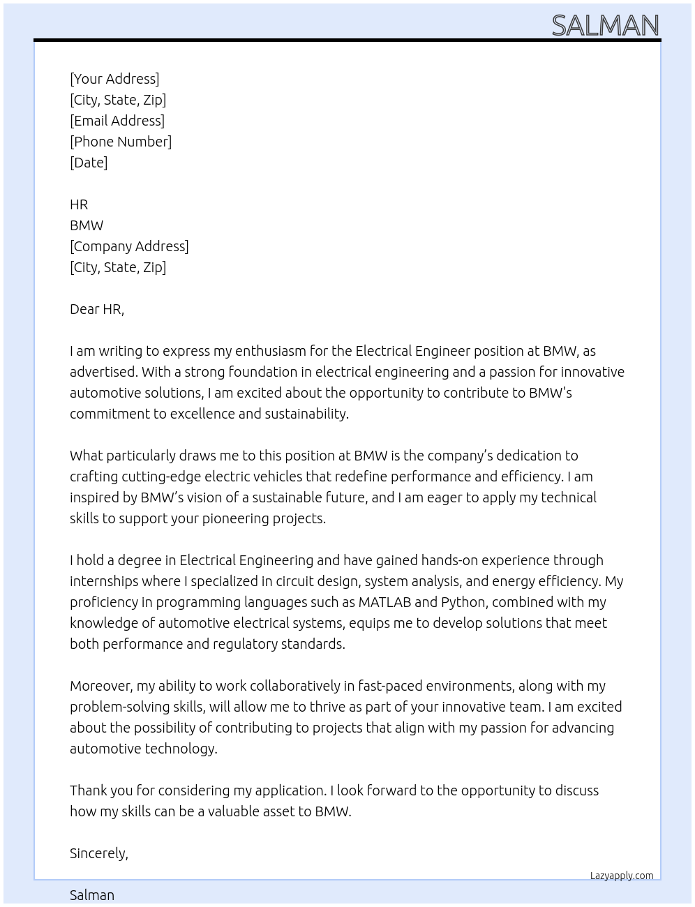 electrical engineer At BMW Cover Letter