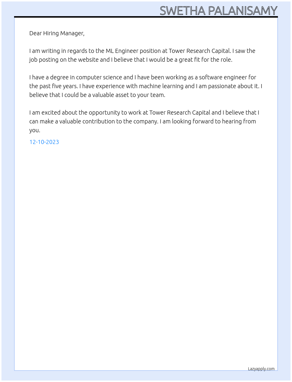ml engineer At Tower research capital Cover Letter