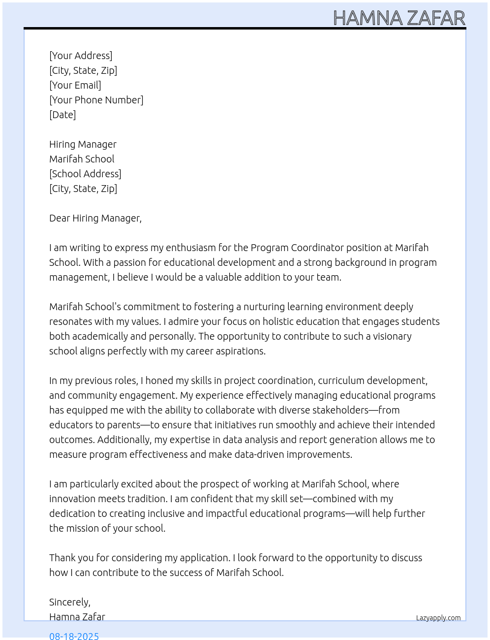 Cover letter for program coordinator - LazyApply