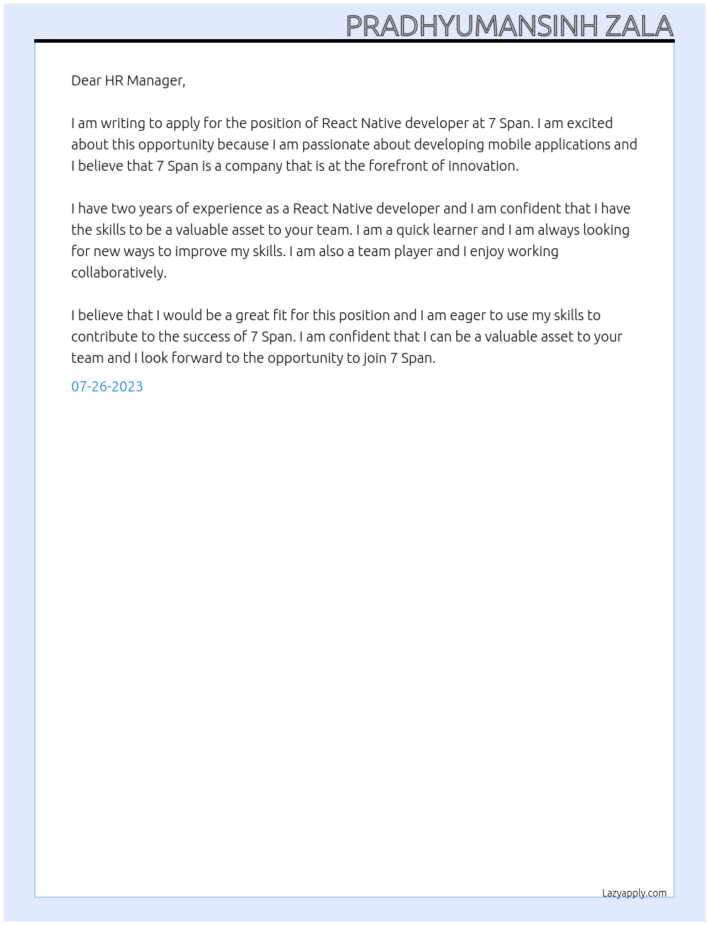React native developer At 7 Span Cover Letter