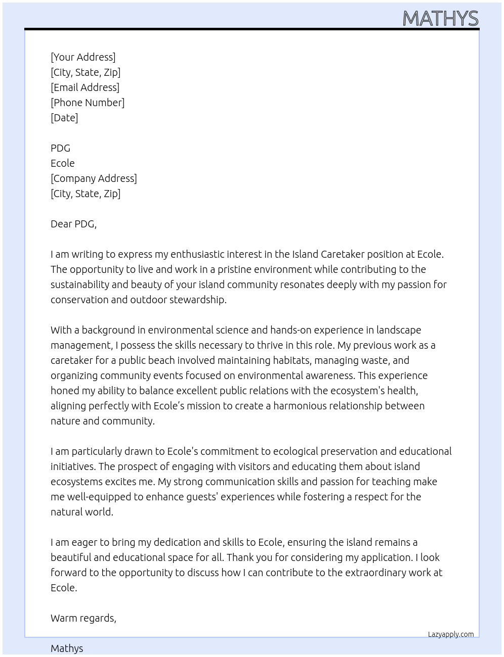 Island Caretaker At Ecole Cover Letter