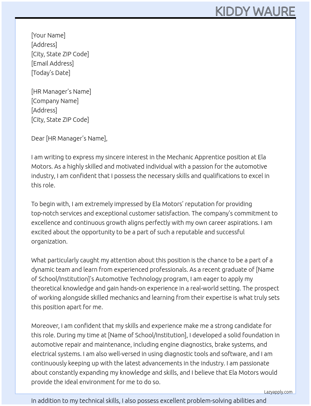 Cover letter for machanic apprentice - LazyApply