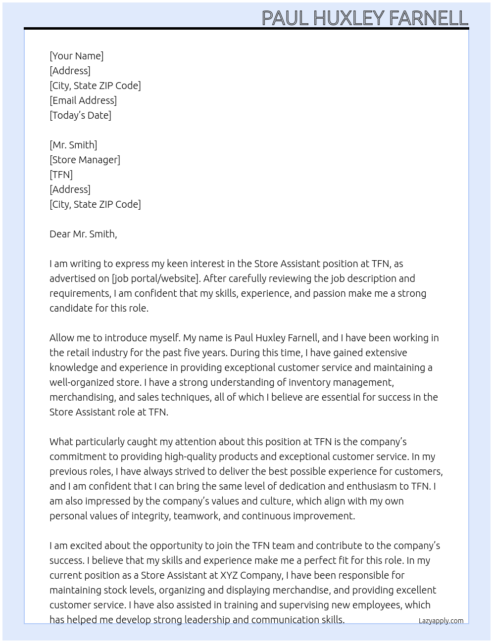 Store Assistant At TFN Cover Letter