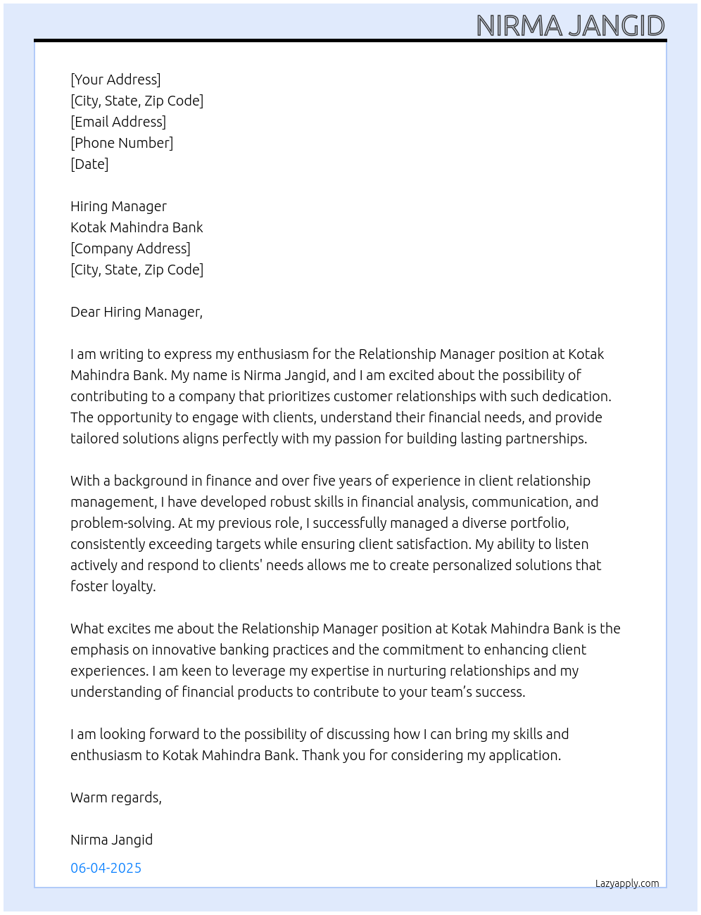 Relationship Manager At Kotak Mahindra Bank Cover Letter