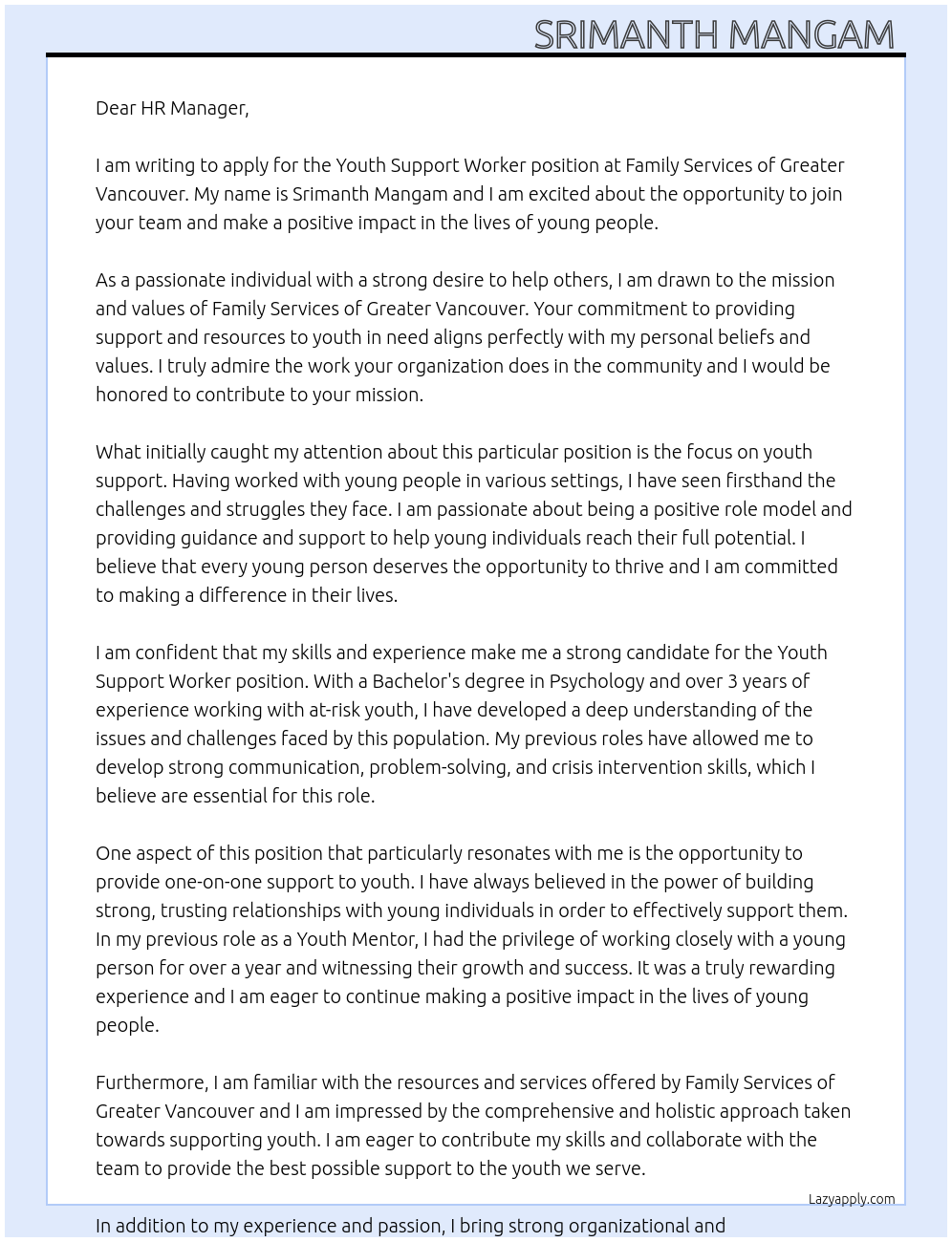 Youth support worker At Family services of greater Vancouver Cover Letter