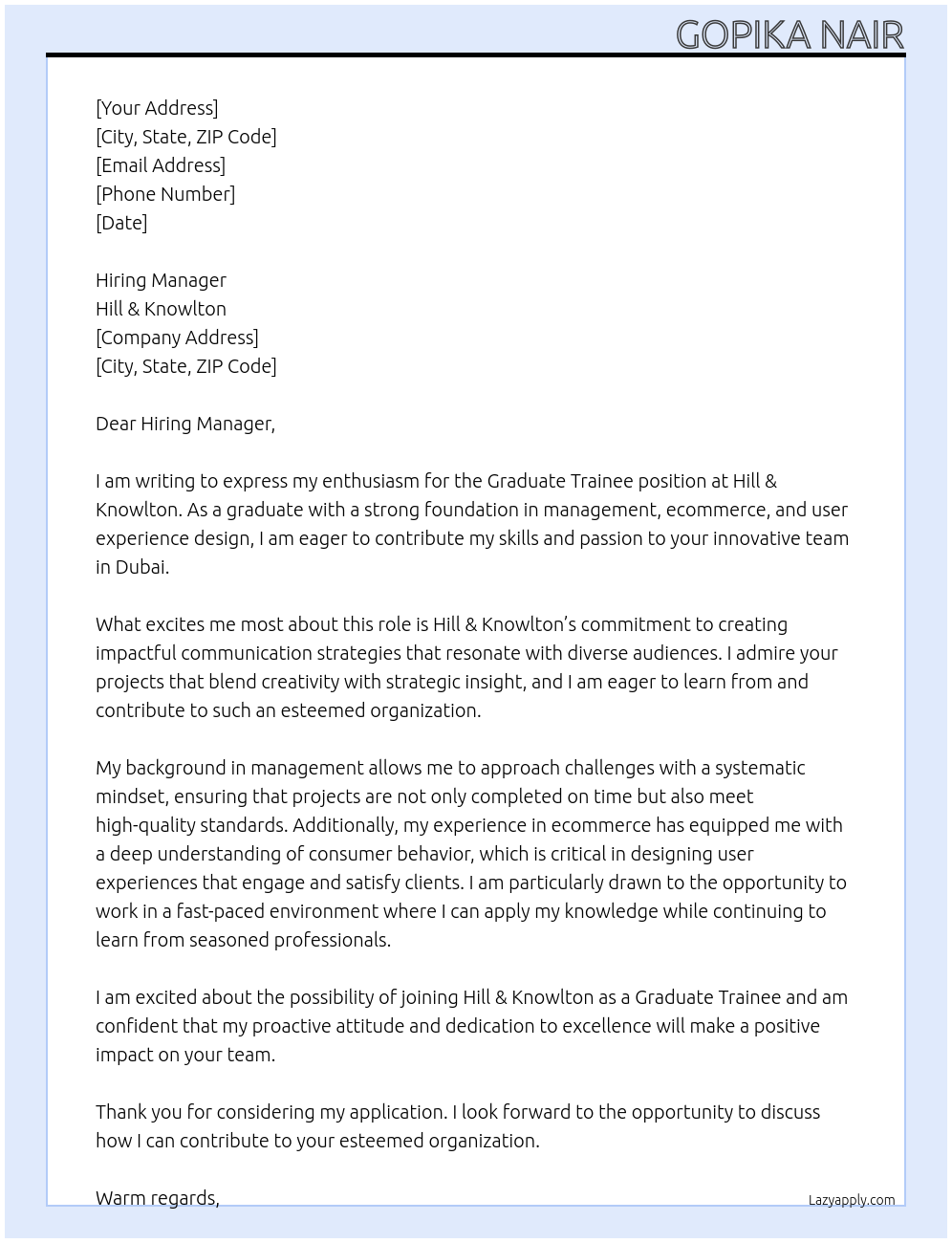 Graduate Trainee  At Hill & Knowlton Cover Letter