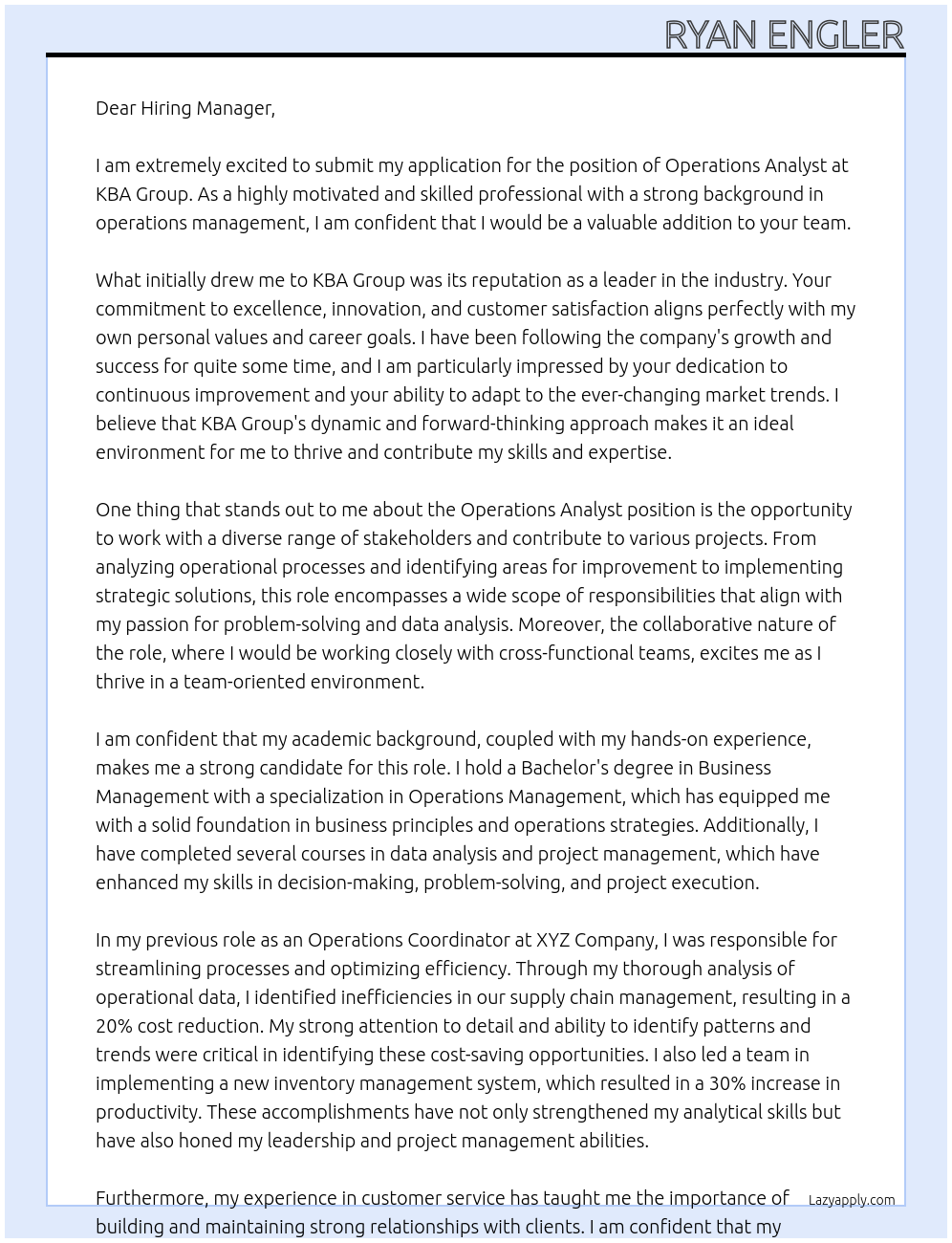 Operations Analyst At KBA Group Cover Letter