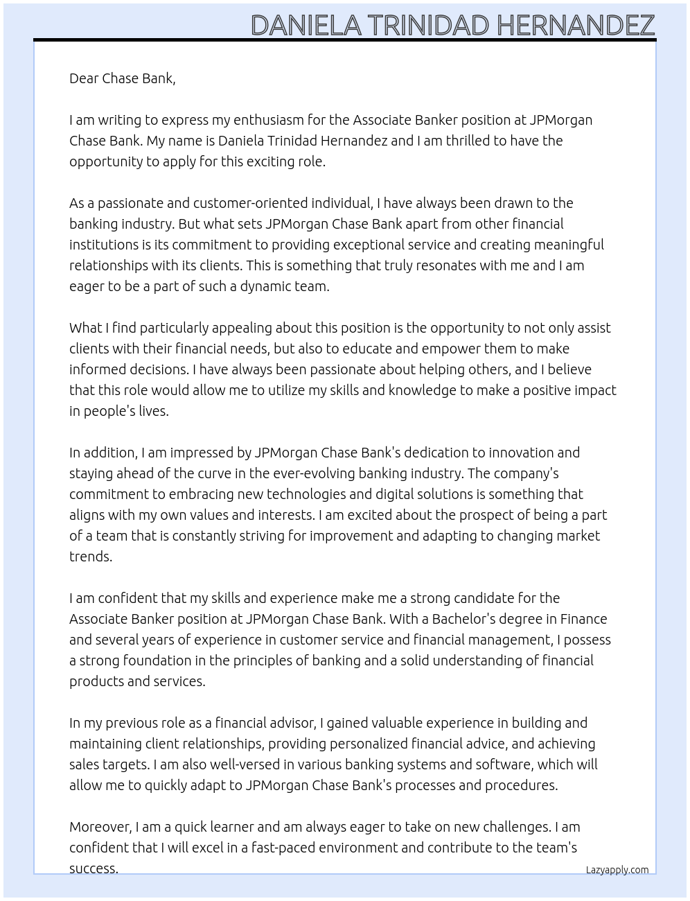 Associate Banker At JPMorgan Chase Bank Cover Letter