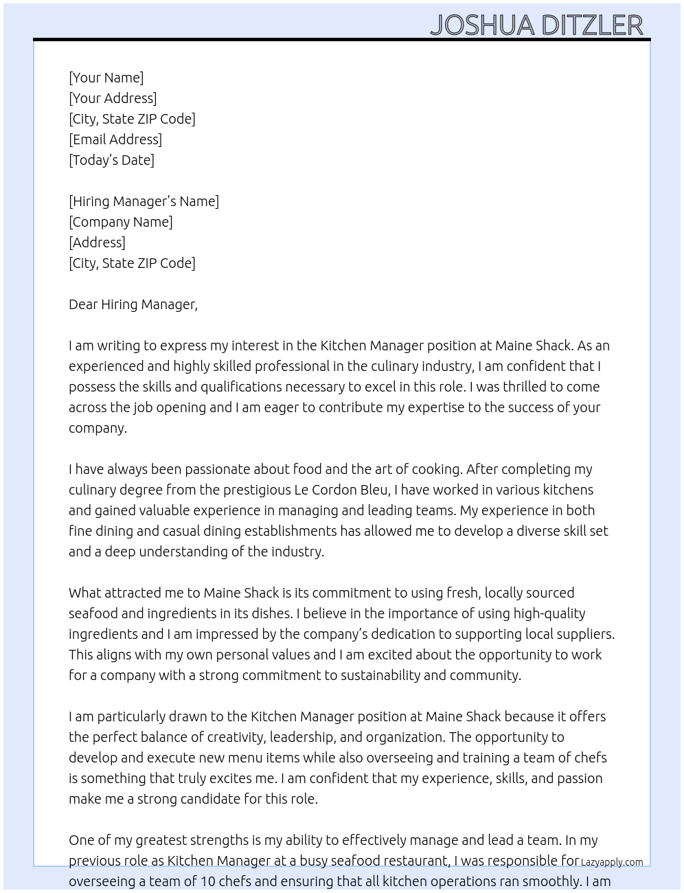 Kitchen Manager  At Maine Shack  Cover Letter