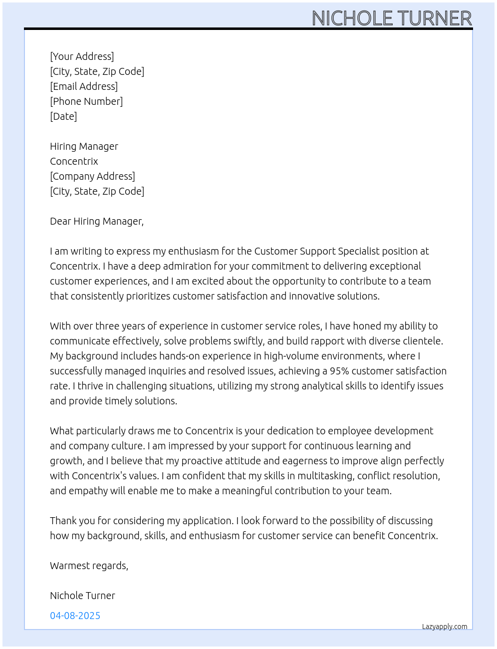 Customer Support Specialist At Concentrix Cover Letter