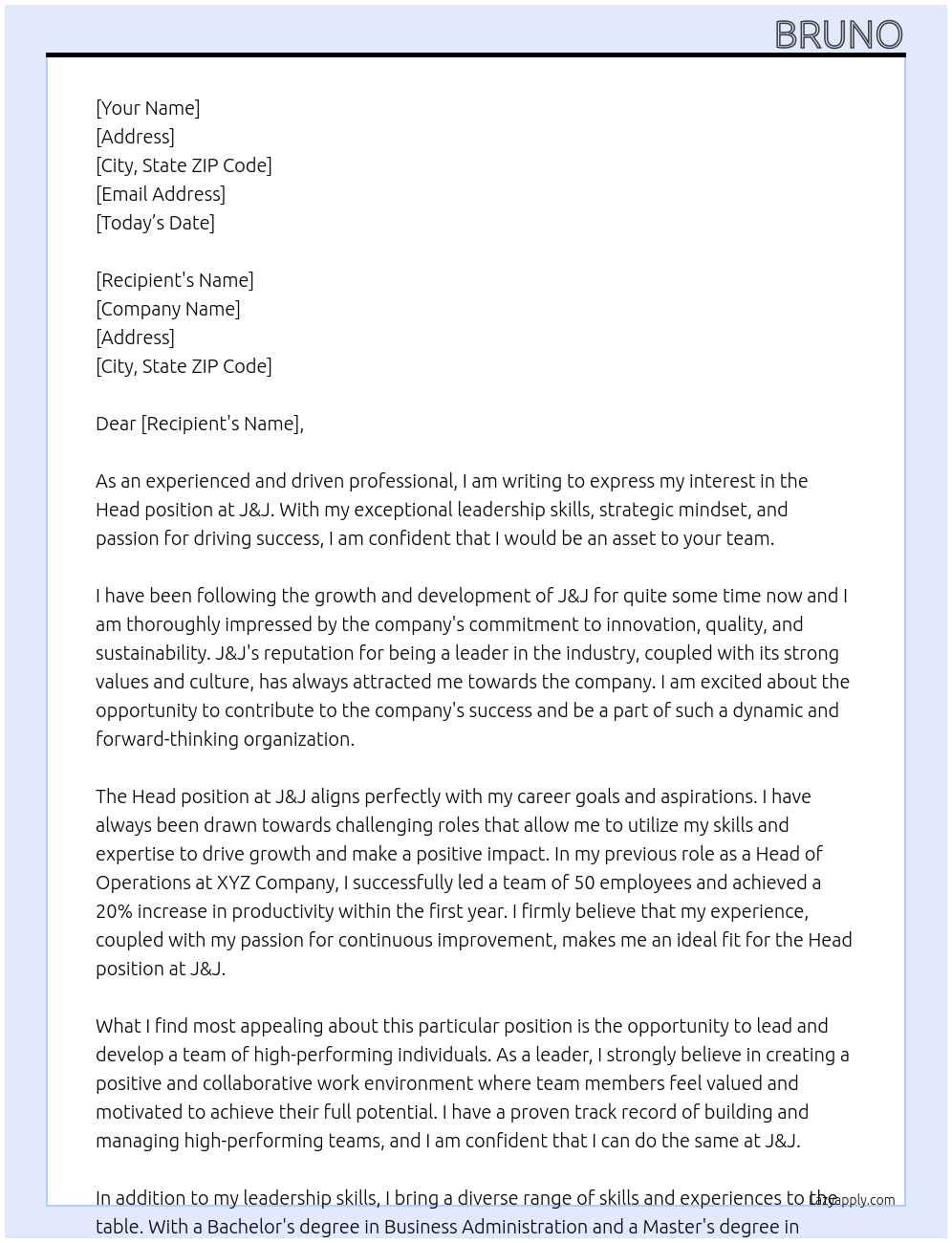 Head At J&J Cover Letter