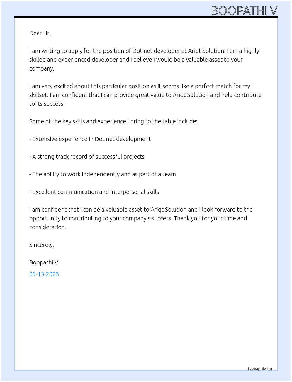 Dot net developer At Ariqt Solution Cover Letter