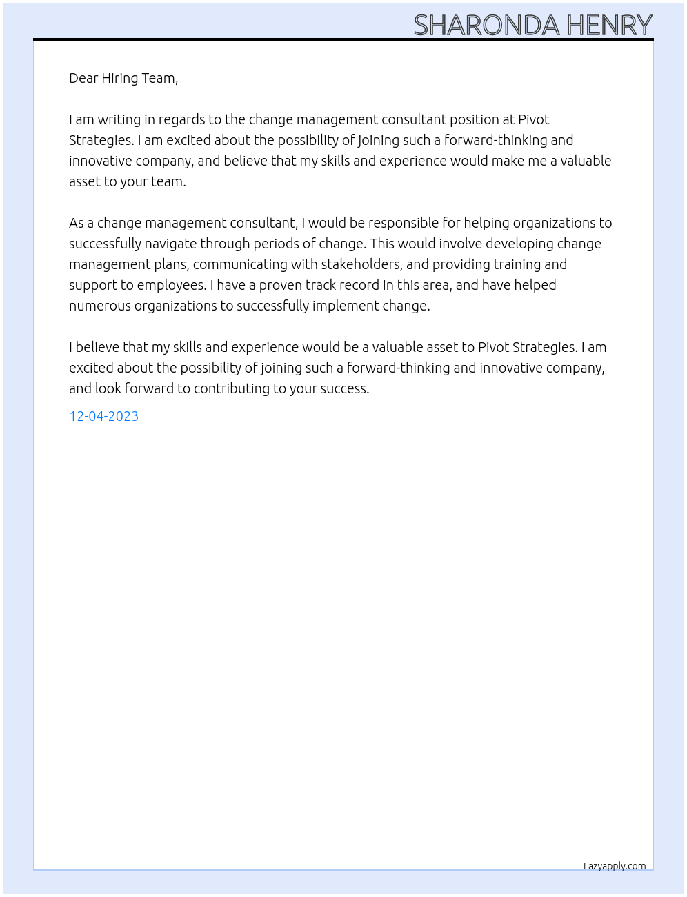 change management consultant At Pivot Strategies Cover Letter