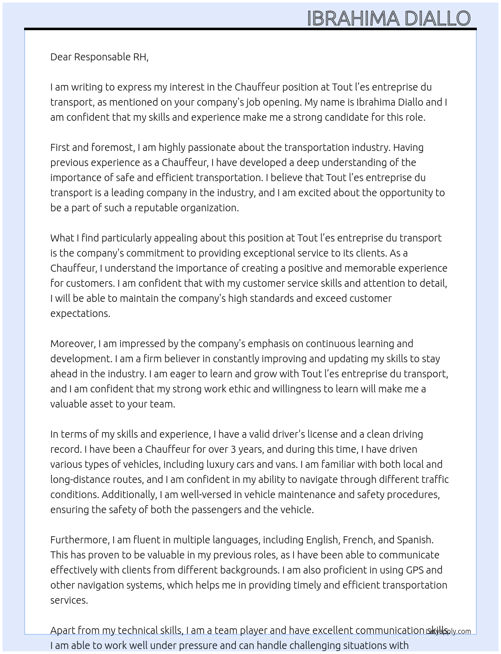 Chauffeur At Tout l’es entreprise du transport Cover Letter