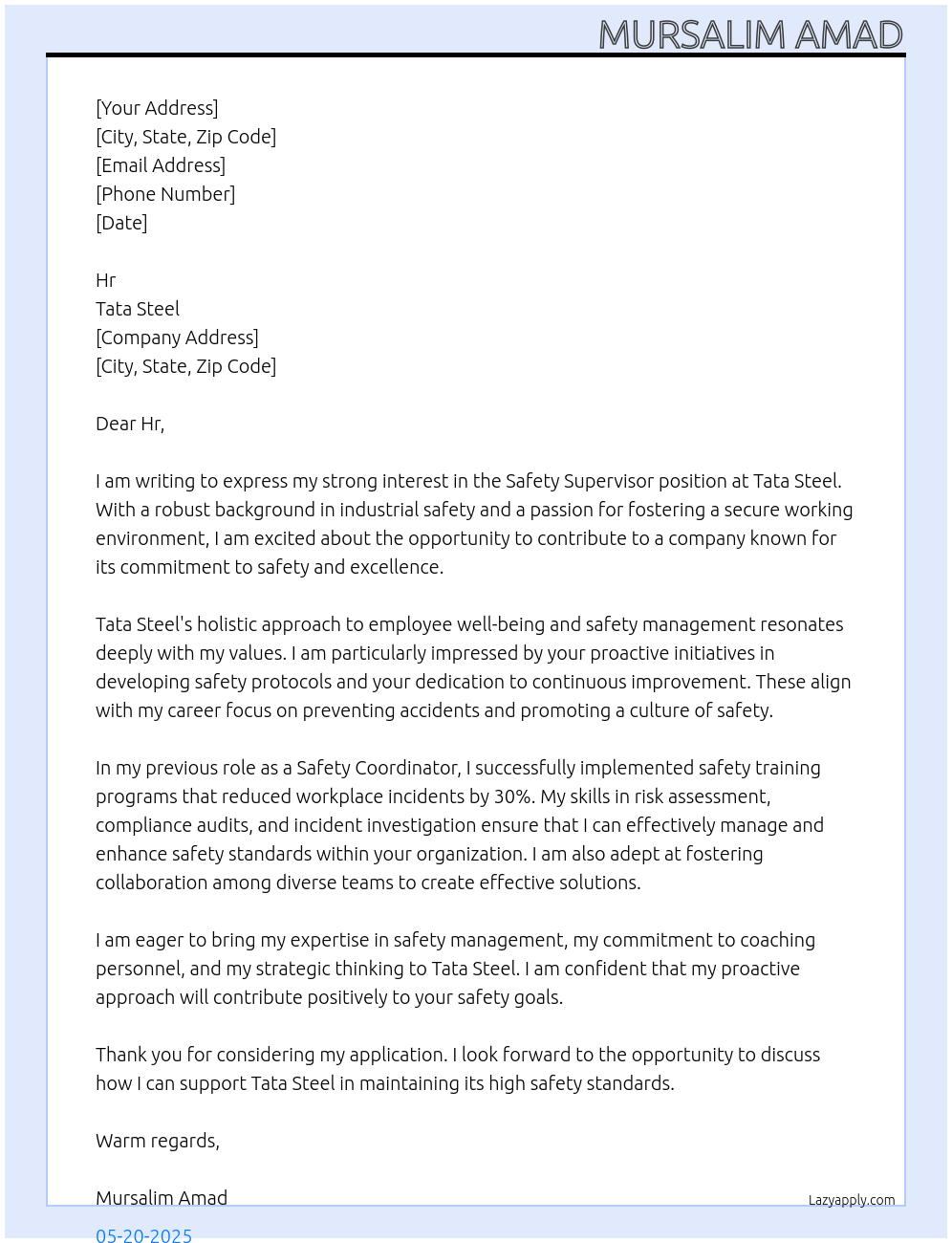 Safety supervisor  At Tata steel  Cover Letter