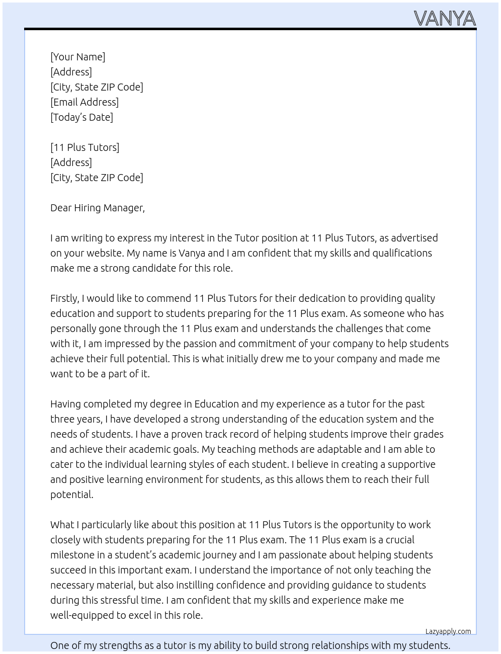 tutor At 11 plus tutors Cover Letter