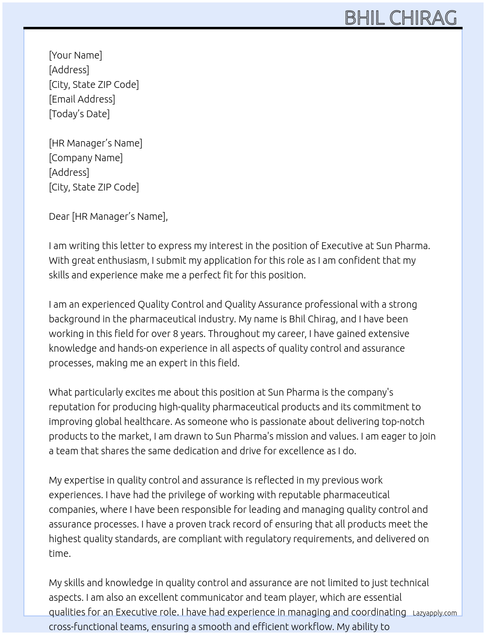 EXECUTIVE At SUN PHARMA Cover Letter