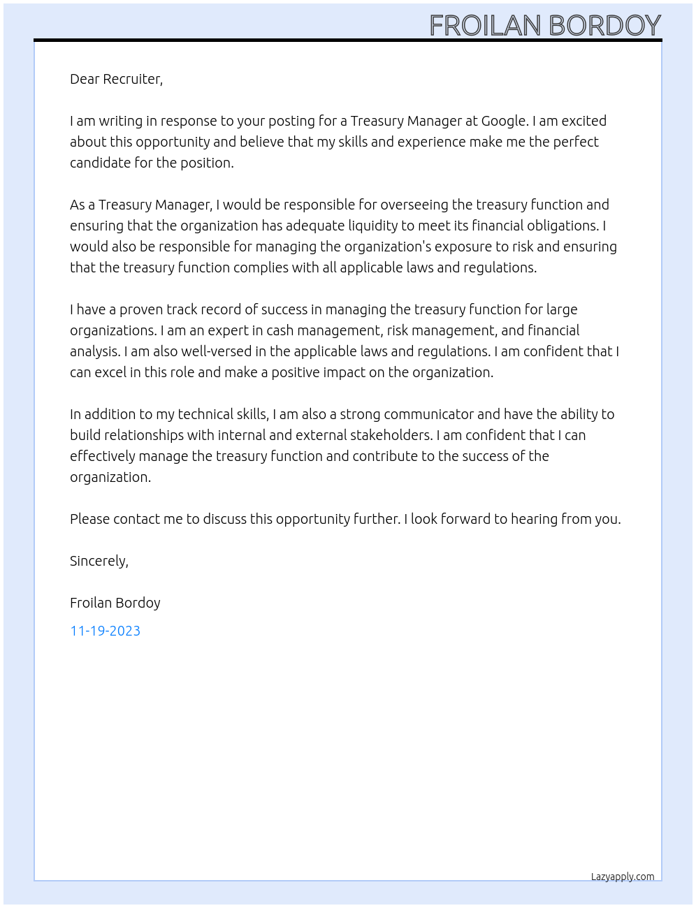 Treasury Manager At Google Cover Letter