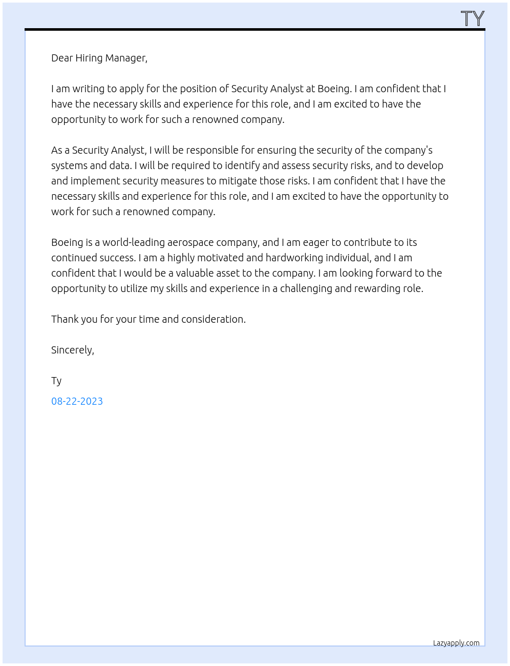 Security Analyst At BOEING Cover Letter