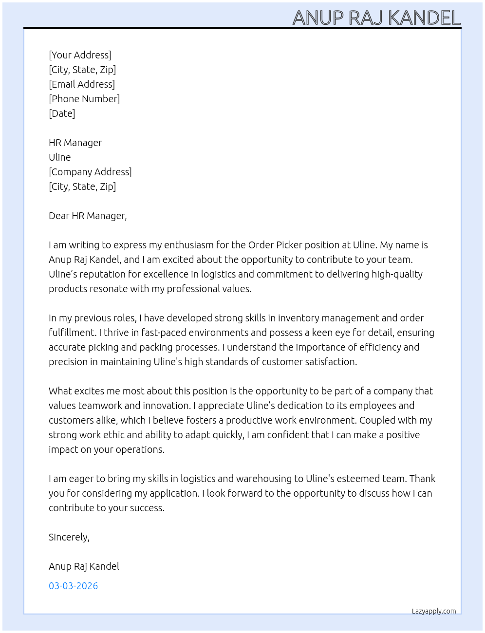 order picker At uline Cover Letter