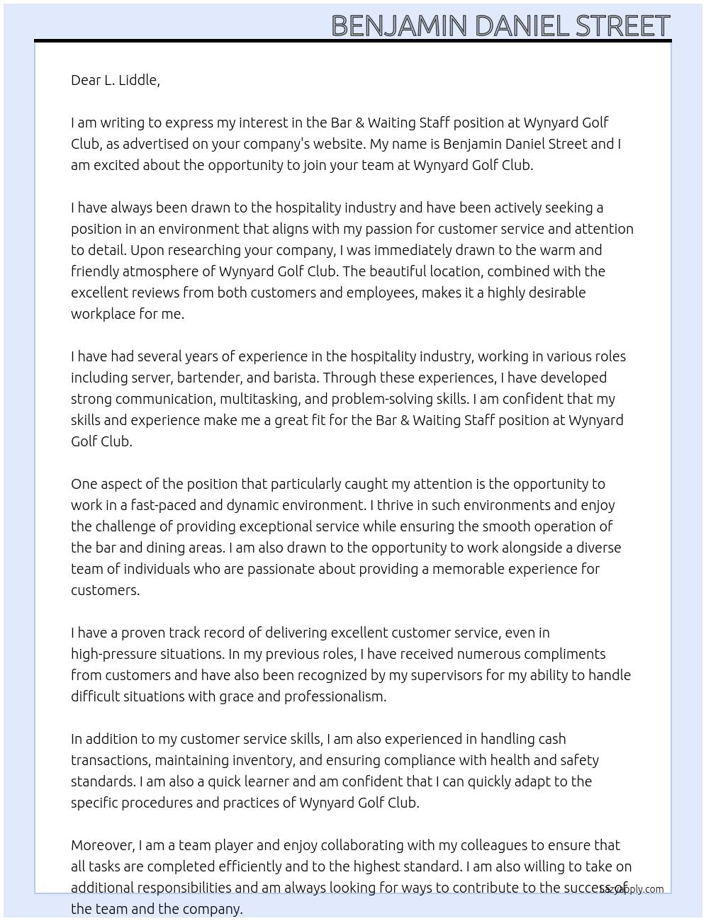 Bar & Waiting Staff At Wynyard Golf Club Cover Letter