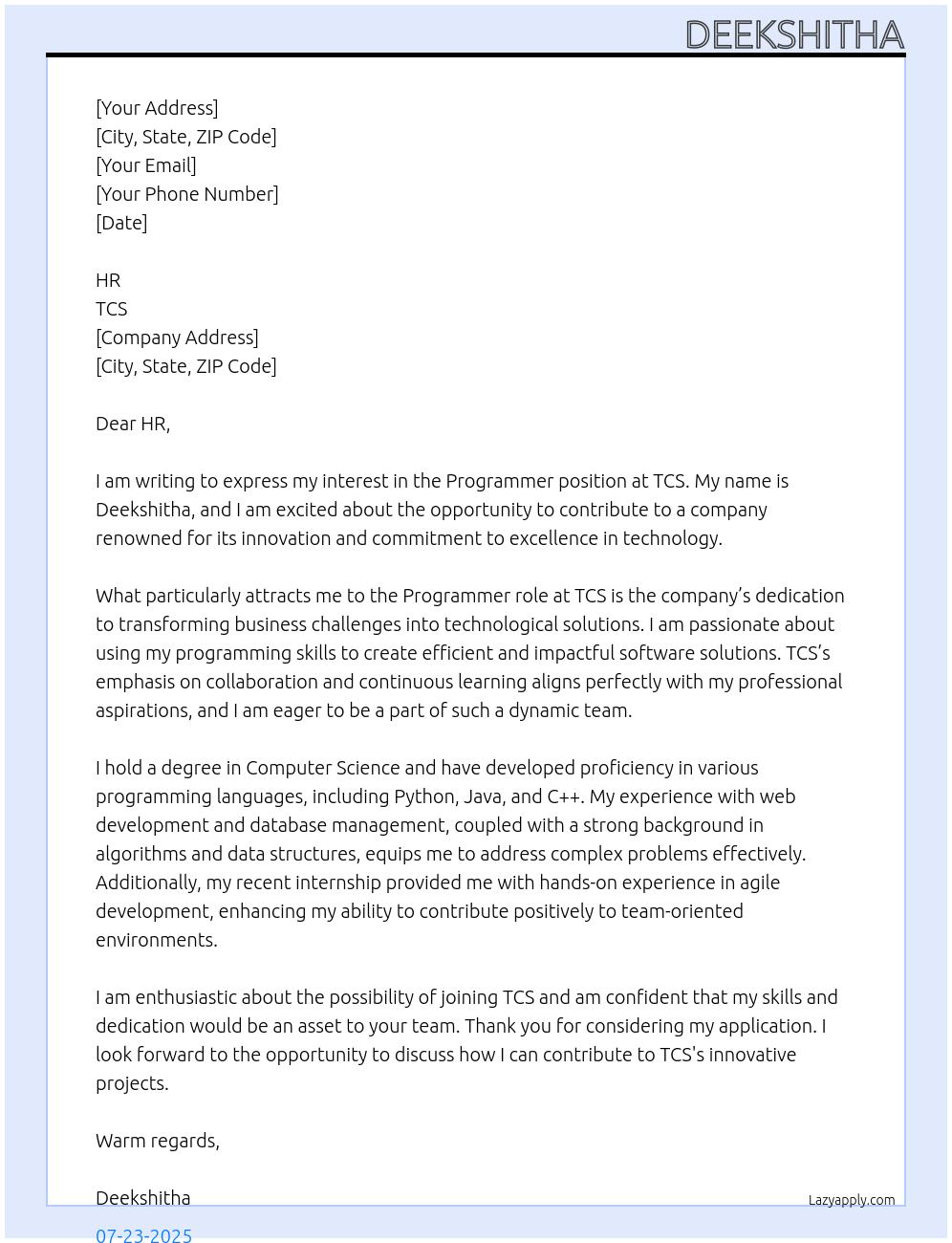 Programmer At Tcs  Cover Letter