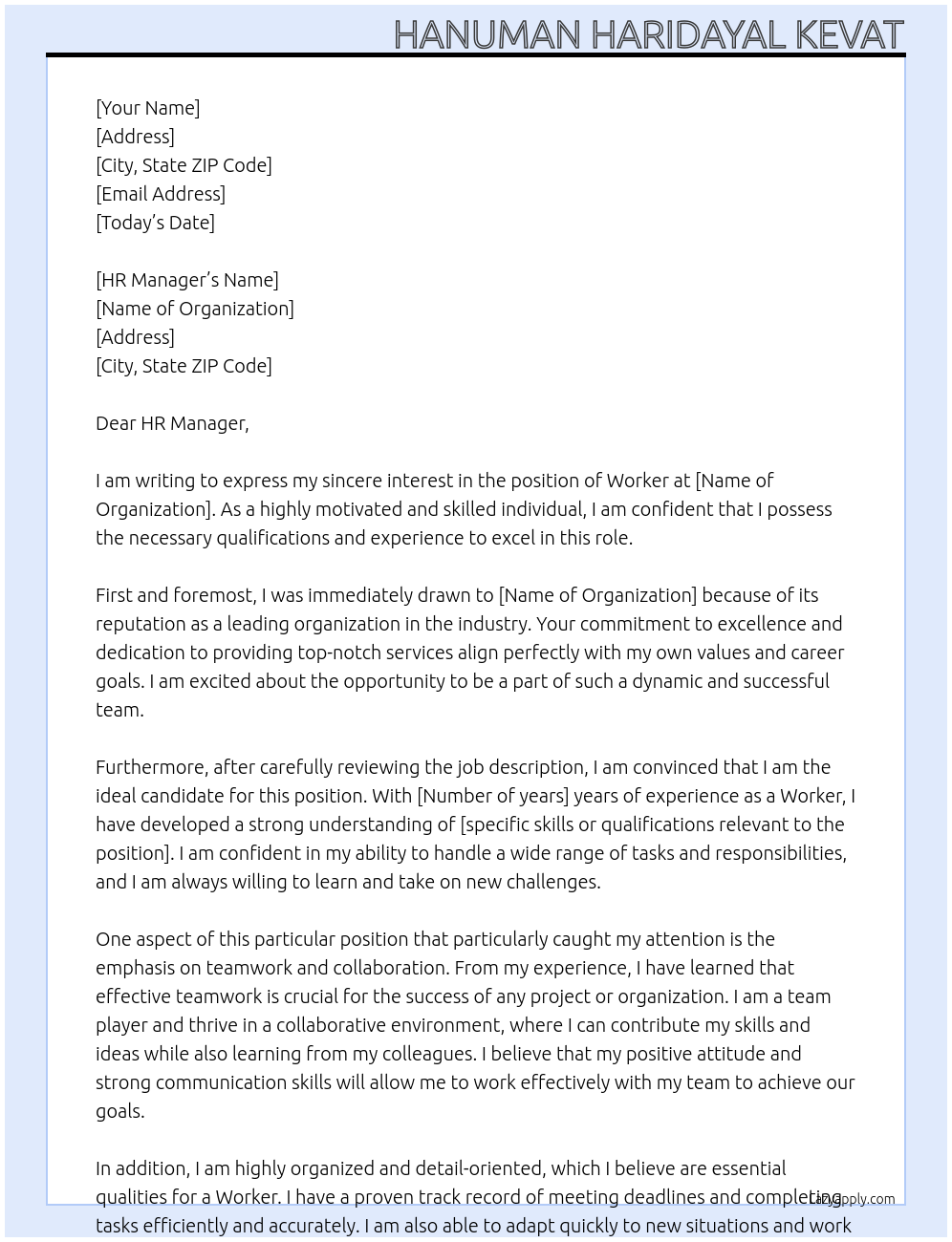 Worker At Organisation Cover Letter