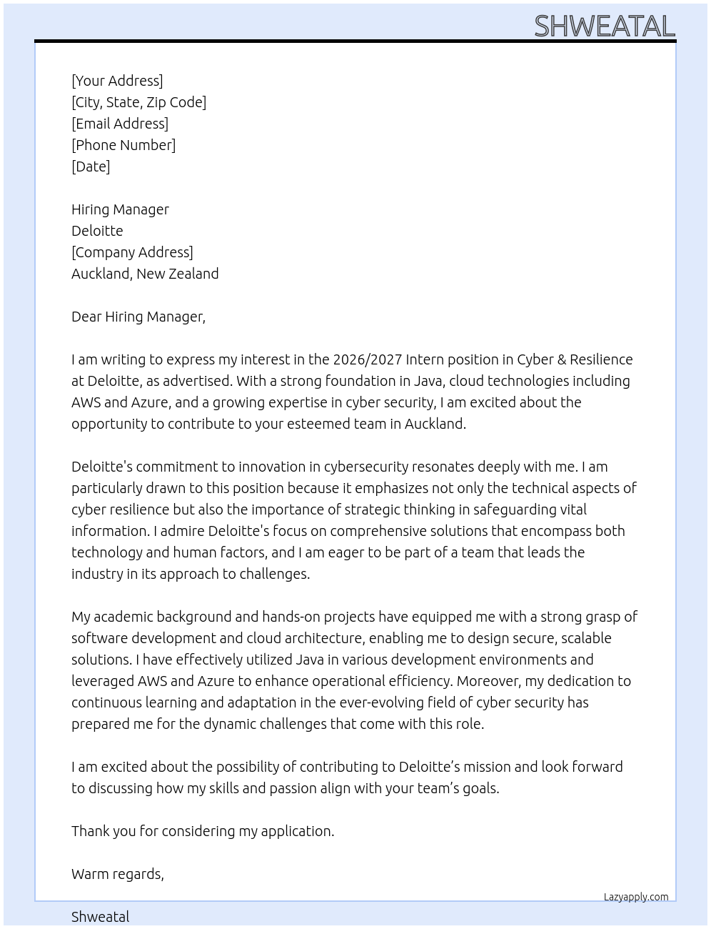2026/2027 Intern | Cyber & Resilience | Auckland At Deloitte Cover Letter