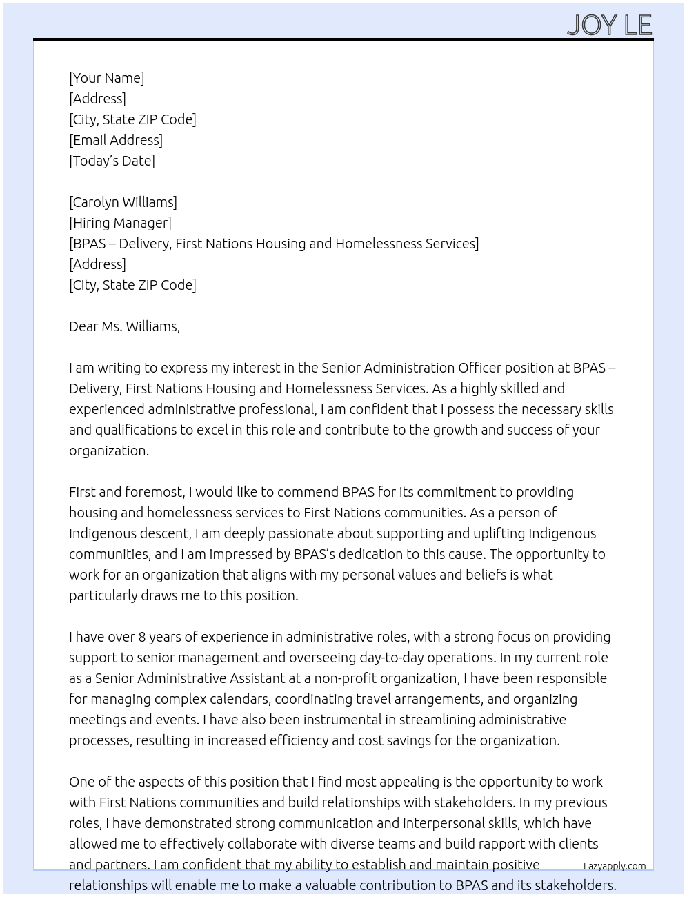 Senior Administration Officer At BPAS - Delivery, First Nations Housing and Homelessness Services Cover Letter