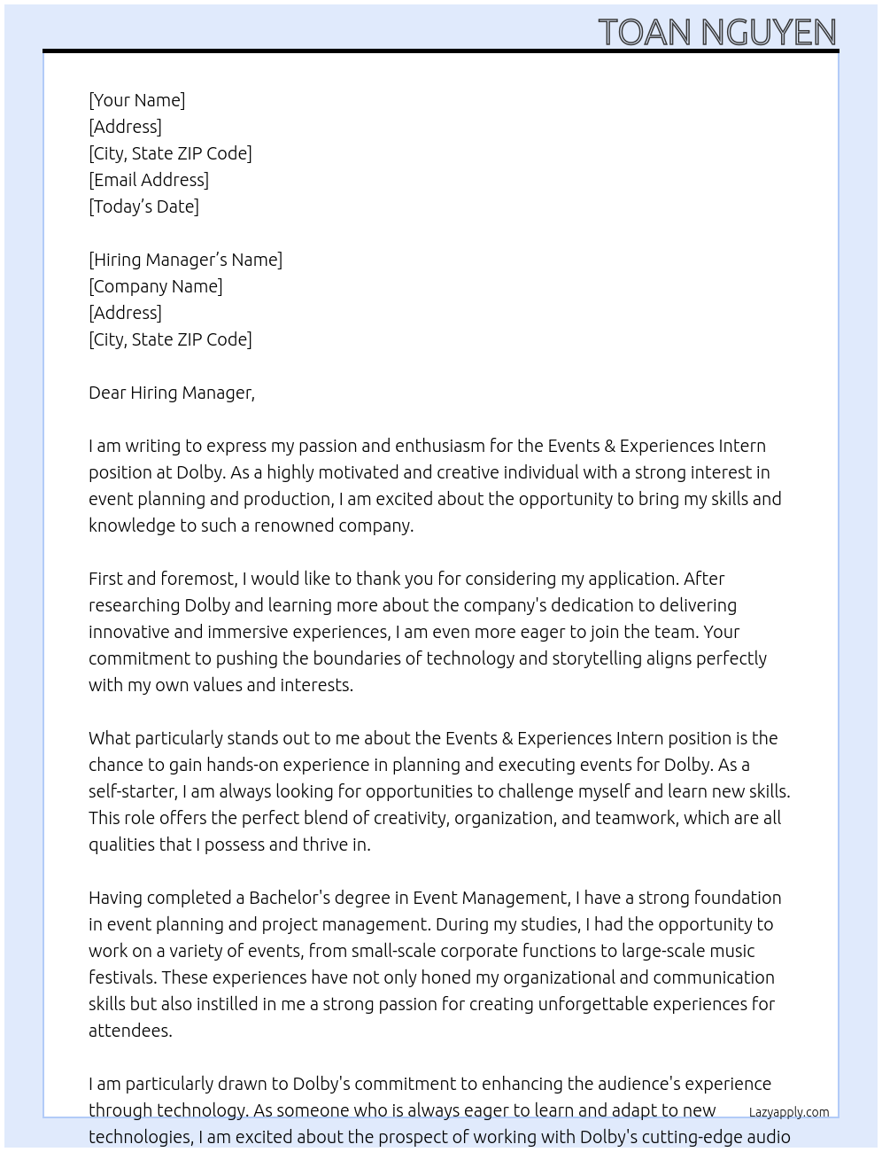 Events & Experiences Intern At Dolby Cover Letter