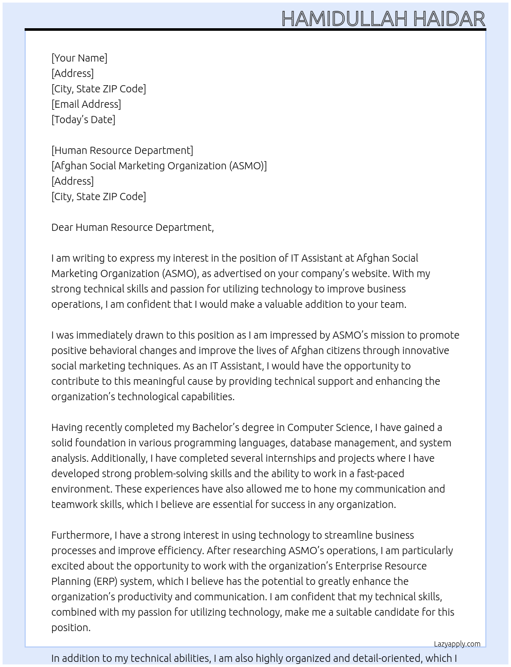 IT Assistant At Afghan Social Marketing Organization (ASMO) Cover Letter