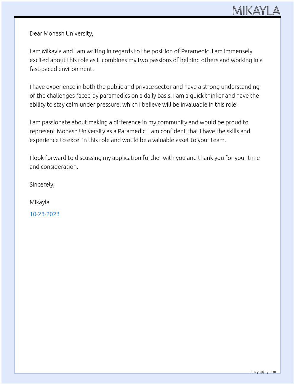 Paramedic At Monash University Cover Letter