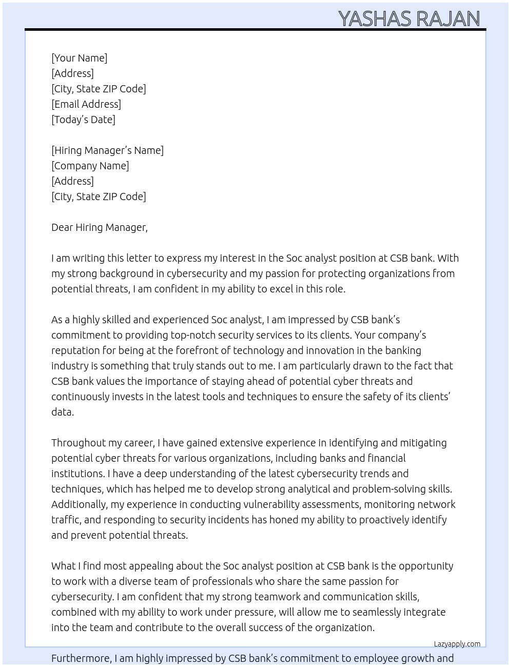 Soc analyst At Csb bank Cover Letter