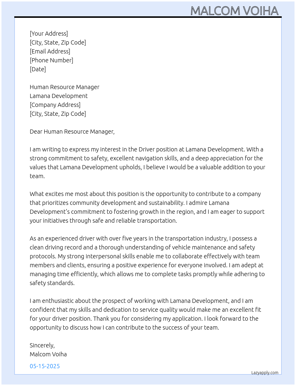 Driver position At Lamana Development Cover Letter