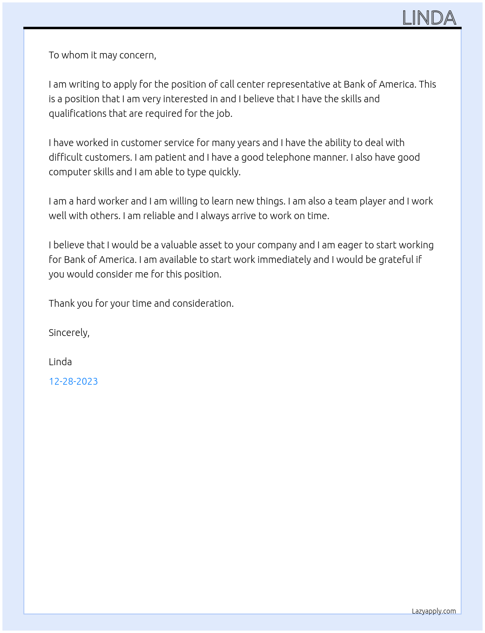 Call center At Bank of America Cover Letter