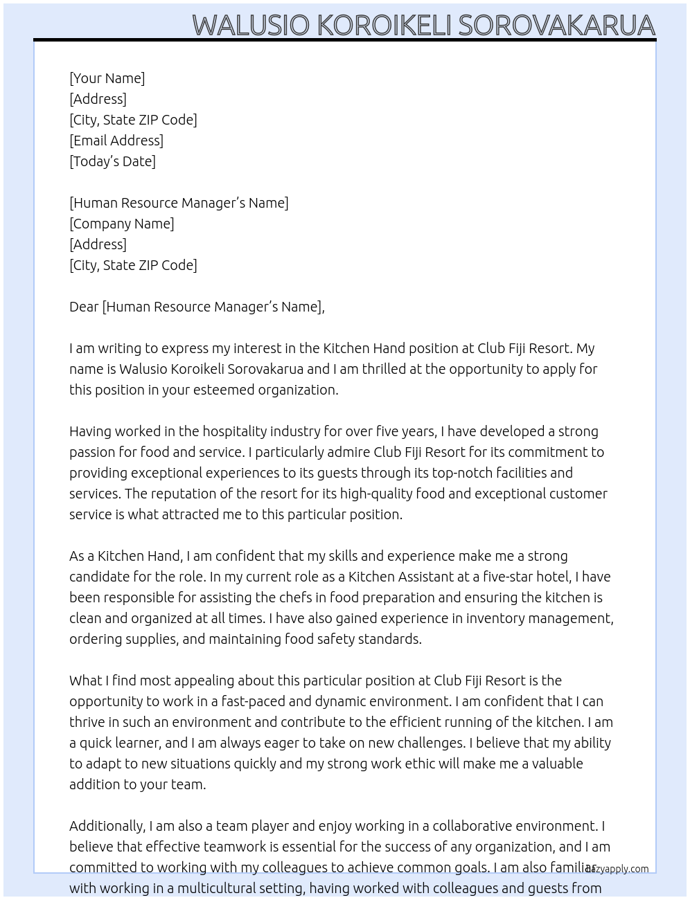 Kitchen Hand At Club Fiji Resort Cover Letter