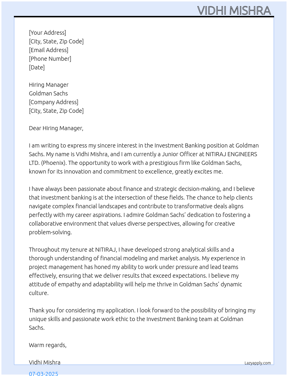 Cover letter for Investment banking - LazyApply