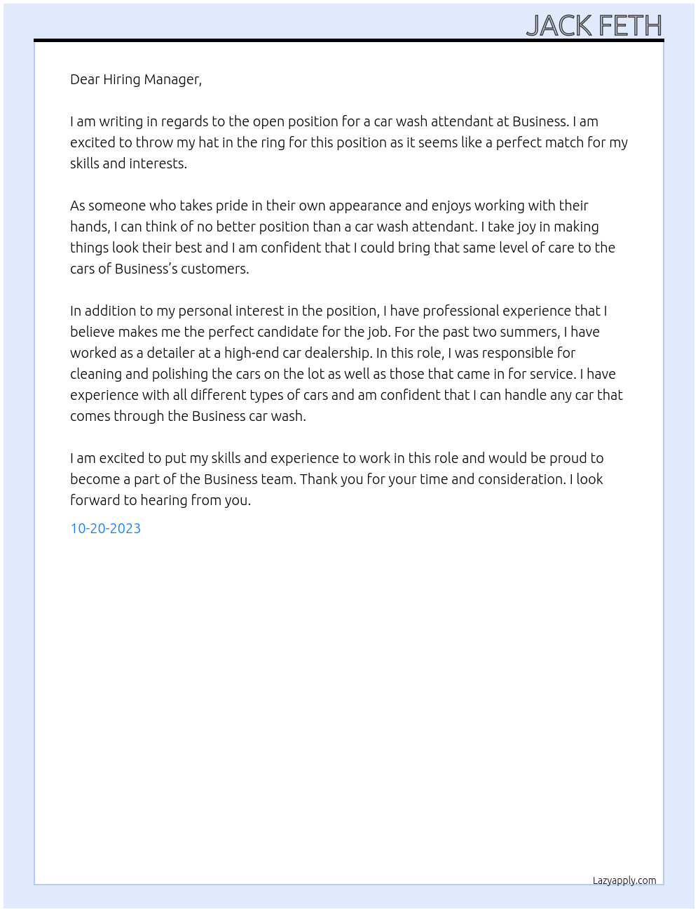 Car Wash Attendant At Business Cover Letter