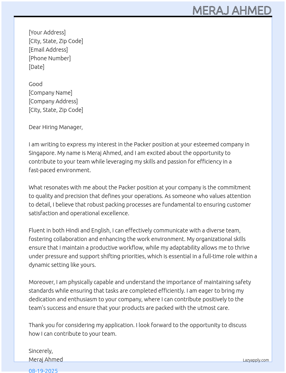 Packer At Singapore any company  Cover Letter