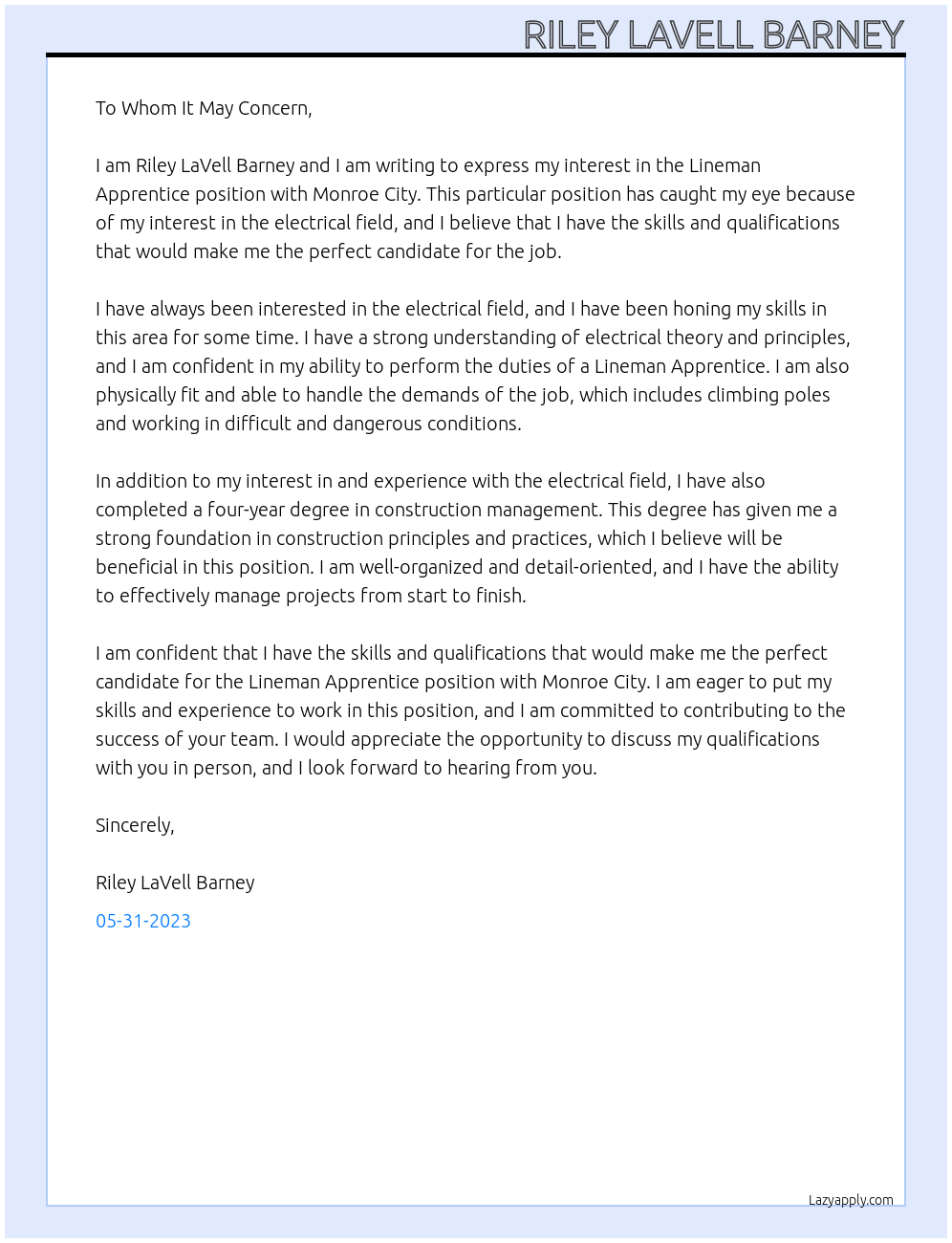 Lineman Apprentice At Monroe City  Cover Letter