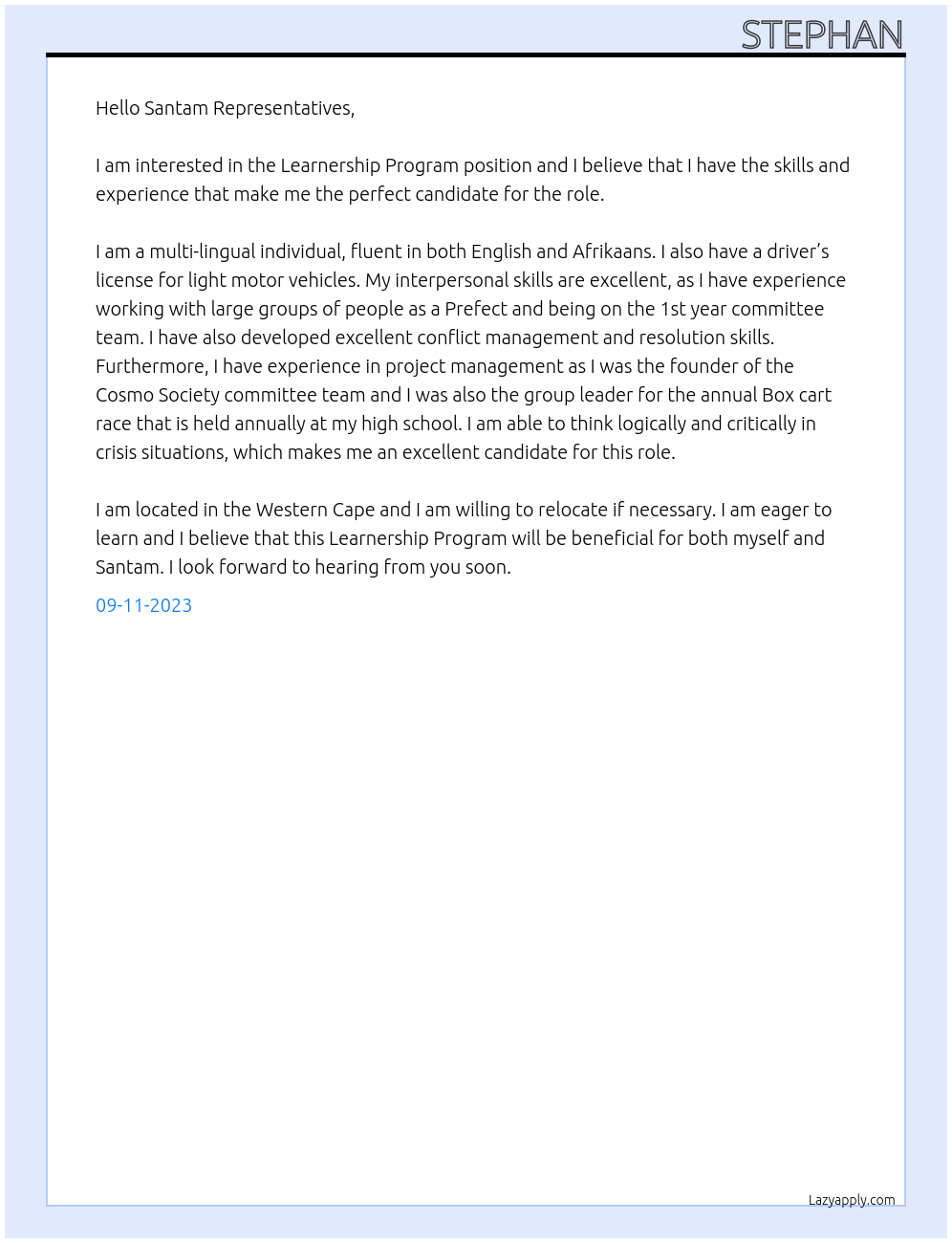 Learnership Program At Santam Cover Letter