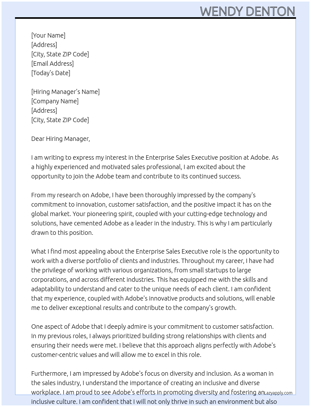 Enterprise Sales Executive At Adobe Cover Letter