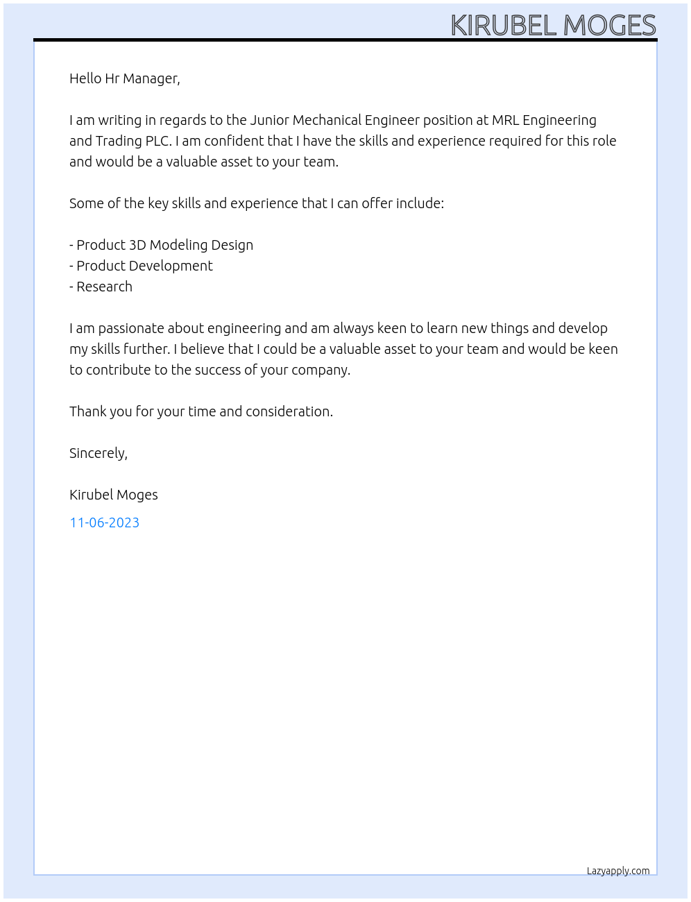 Junior Mechanical Engineer At MRL Engineering and Trading PLC Cover Letter