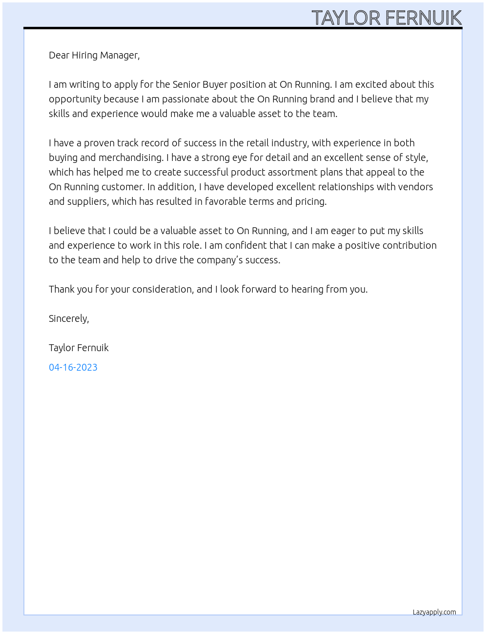 senior buyer At on running Cover Letter