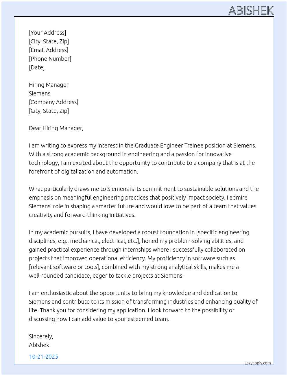 graduate engineer trainee At siemens Cover Letter