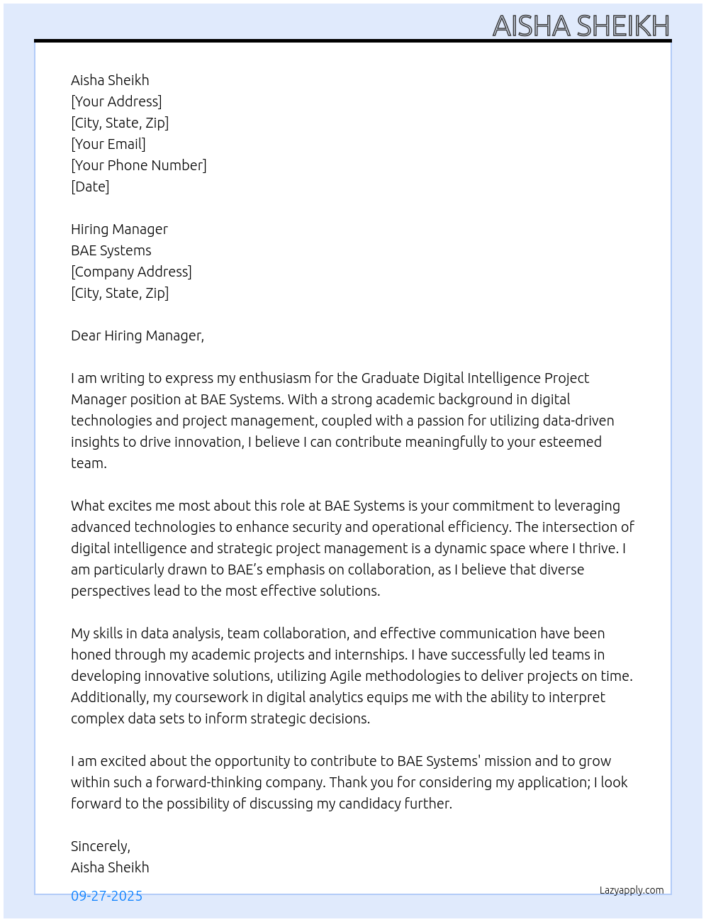 Graduate Digital Intelligence Project Manager At BAE Systems Cover Letter